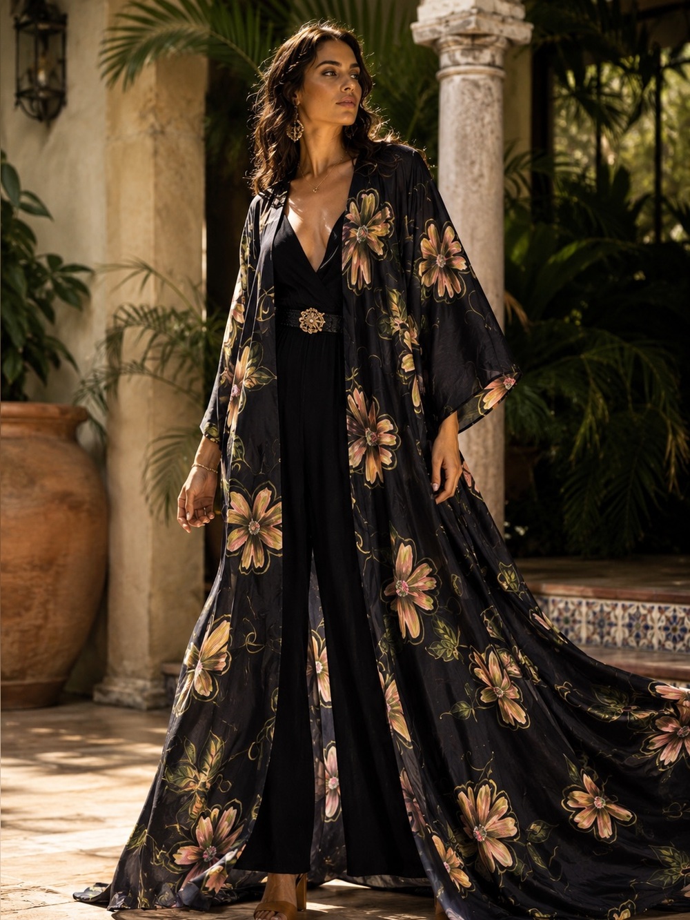 Ashro Black Floral Kimono Duster Maxi Caftan Open Front Boho Resortwear XL